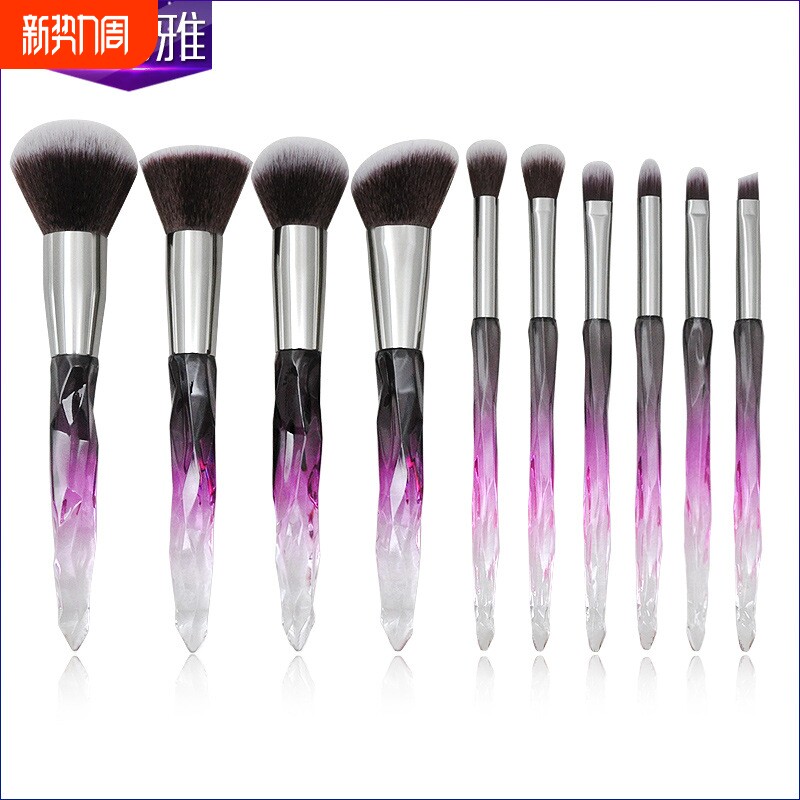 新款10支玻璃钻石塑胶柄化妆刷套装 透明水晶眼部粉底刷彩妆工具
