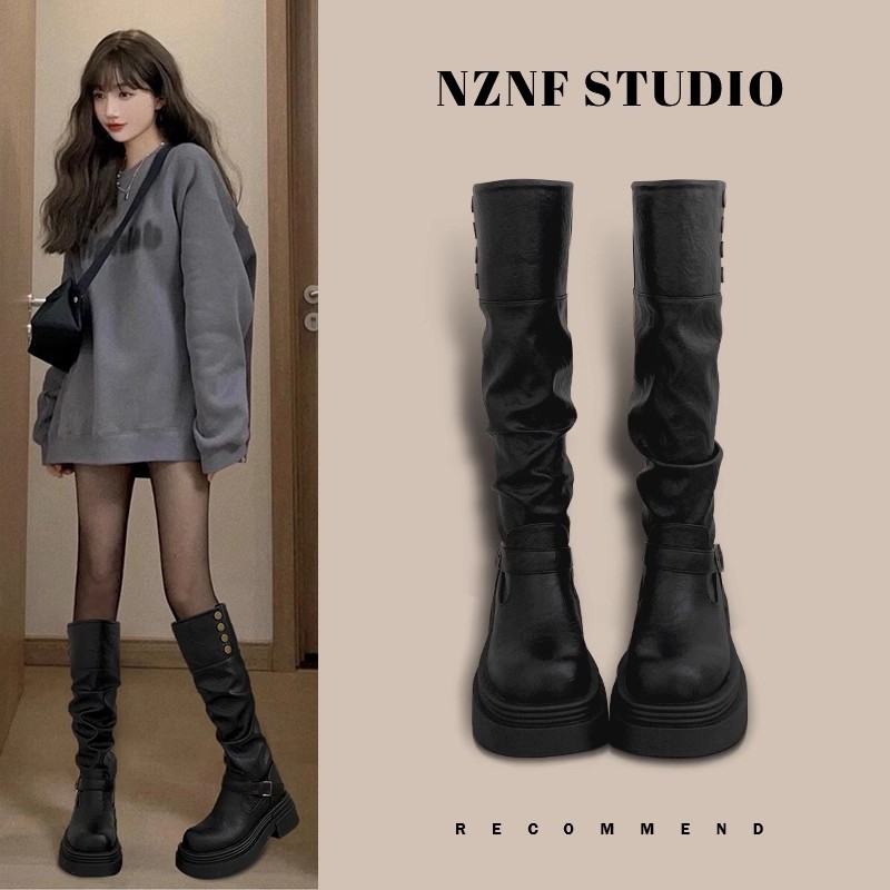 黑色高筒靴子秋冬厚底长筒靴女2025新款增高小个子粗腿骑士靴粗跟