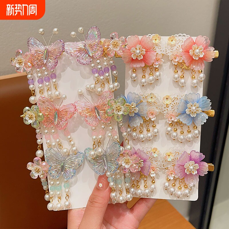 古风头饰女童汉服头花儿童发饰花朵发夹女古装侧边夹国风夹子发卡