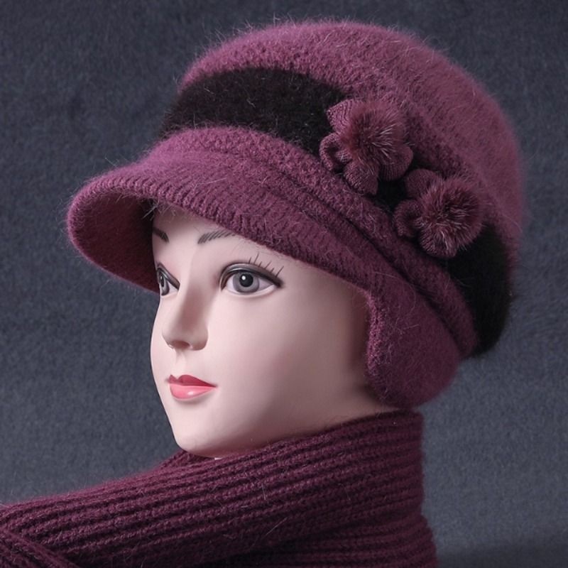 中老年人奶奶毛线帽女士冬季加绒加厚兔毛保暖妈妈帽子洋气骑行