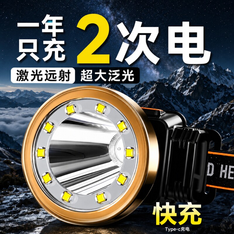 头灯强光充电超亮头戴式照明灯夜钓鱼专用矿灯新款防水户外手电筒