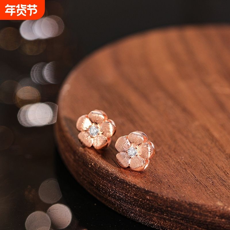 s925纯银新中式复古拉丝小金花耳钉女轻奢微镶锆石小花朵耳环精致
