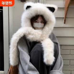 毛绒绒加厚狐狸耳朵帽子围巾一体女2025年秋冬季保暖雷锋帽白色