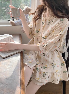 ins韩版公主风夏季睡衣女短袖小碎花圆领甜美少女学生宽松家居服