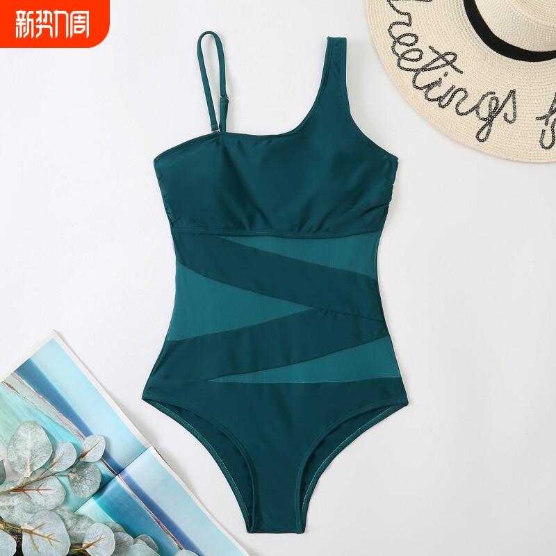 2026年新款欧美外贸亚马逊拼接纱网一体式连体泳衣女斜肩厂家直销