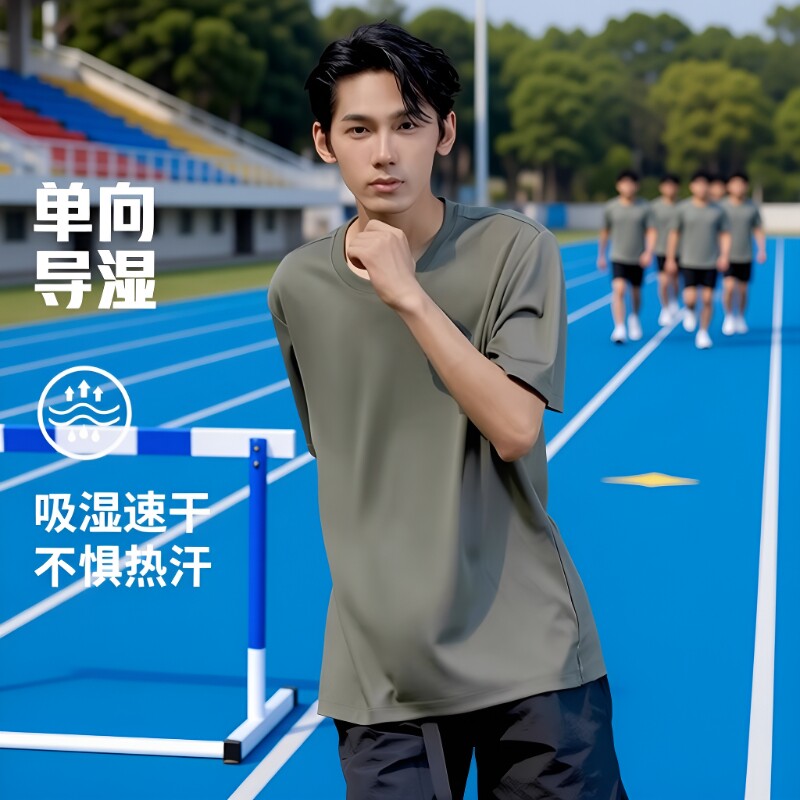 跑步骑行运动服作训服男夏季透气短袖体能服单向导湿T恤绿色速干