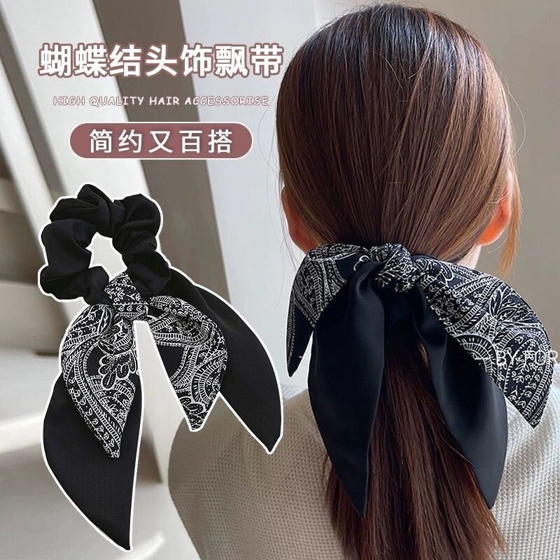 蝴蝶结头饰飘带绑发丝巾头绳简约百搭发绳高级感大肠圈发饰女黑色