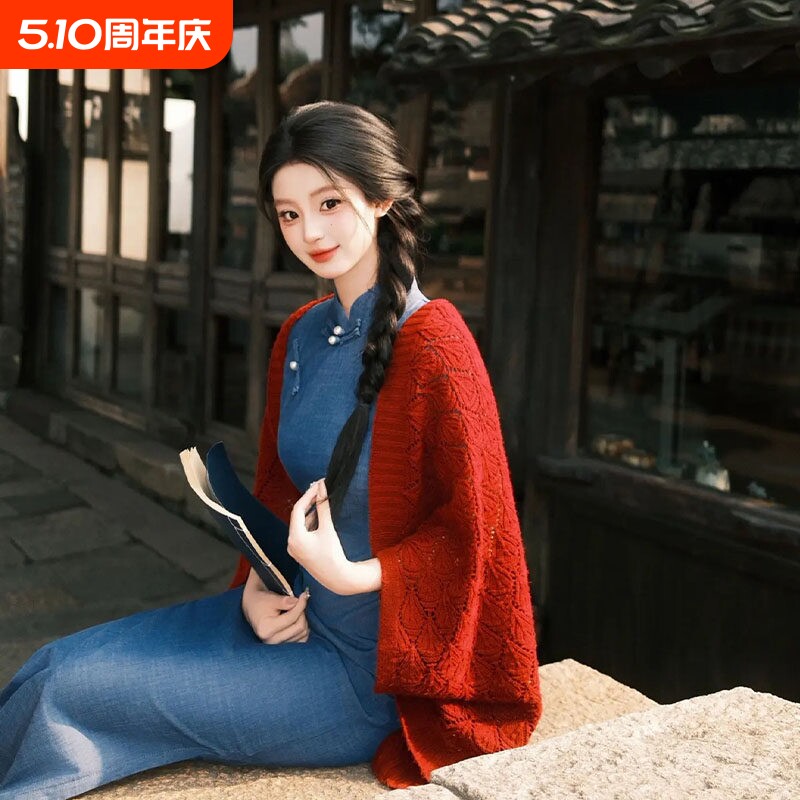 2026新款红色新中式针织披肩女旗袍外搭薄款春夏办公室空调房坎肩