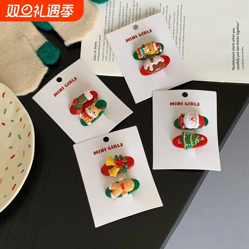 2025新款圣诞节少女发夹可爱刘海侧边发卡儿童节日氛围鸭嘴夹发饰