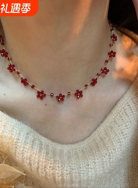 超级显白~山野莓莓红色水晶串珠锁骨链女小众波西米亚风颈链潮