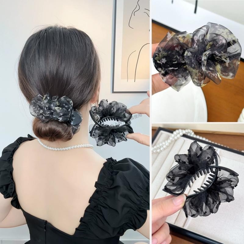 云朵轻奢碎花丸子头盘发抓夹气质百搭网纱发卡韩版优雅时尚发夹