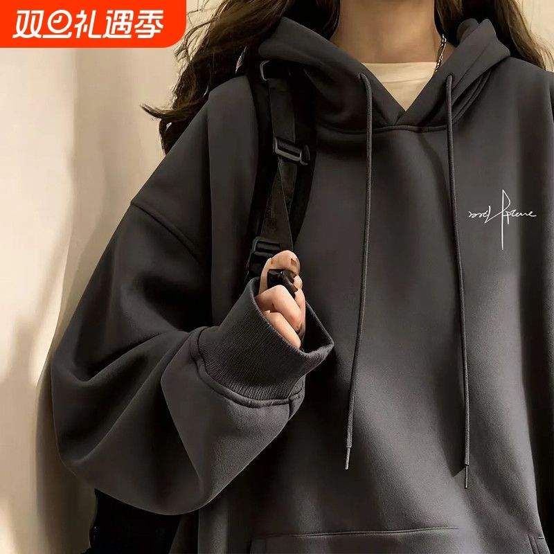 孕妇秋冬新款加绒字母印花连帽卫衣美式复古宽松oversize显瘦
