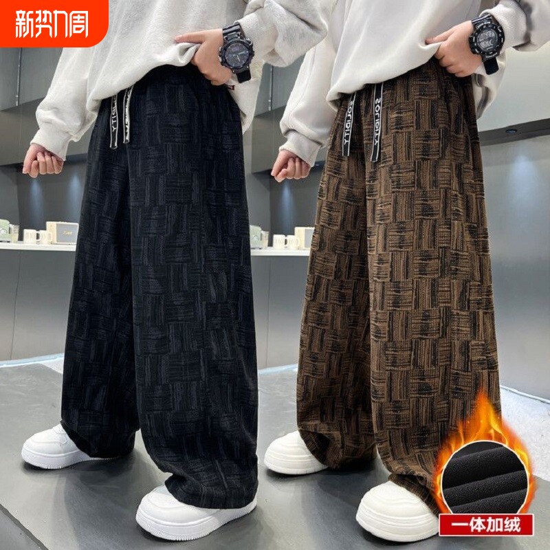 男童冬装裤子秋冬款2026新款一体绒保暖直筒裤中大童冬季运动长裤