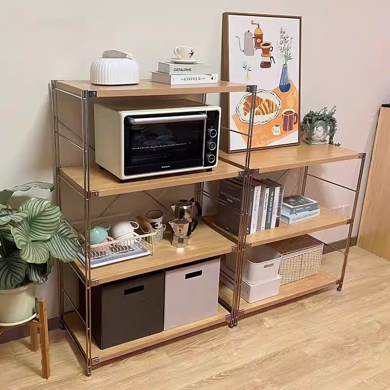 日式钢木置物架落地多层客厅阳台书架家用厨房收纳储物微波炉架子