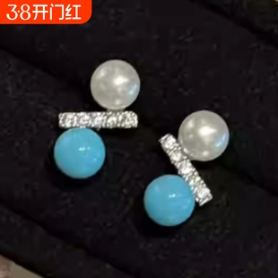 正品珍珠耳钉耳饰绿色松石耳坠时尚简约送闺蜜女友精致礼物耳环