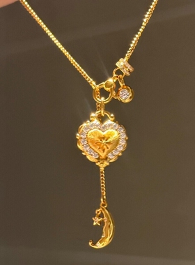 Vintage中古拉丝爱心流苏月亮项链复古镶钻小众精致高级感锁骨链