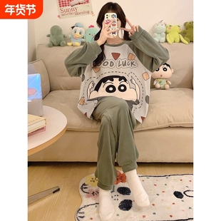 红豆女童睡衣儿童蜡笔小新加绒珊瑚绒新款秋冬季薄款大女孩初中生