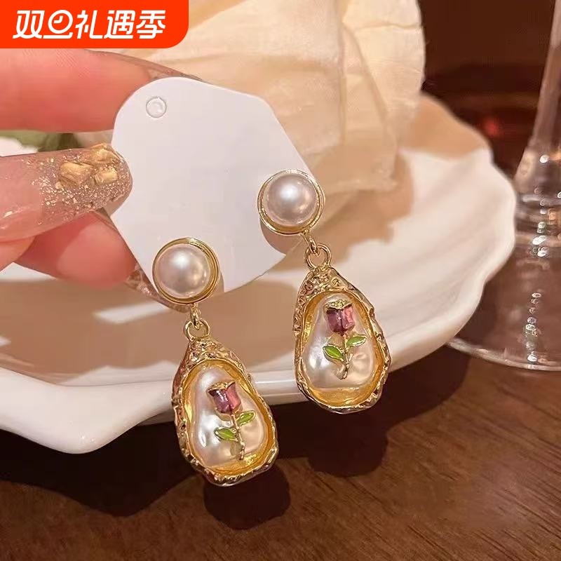 莫奈花园巴洛克珍珠耳环紫色油画风耳钉女小众复古金色耳饰流苏