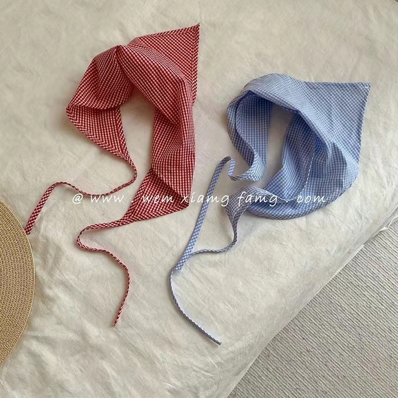 法式头巾蓝色格子三角巾包头绑发丝巾女ins春秋装饰格子发带
