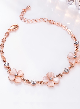 情侣四叶草手链银女纯银夏女生轻奢520礼物一件代发玫瑰金猫眼石