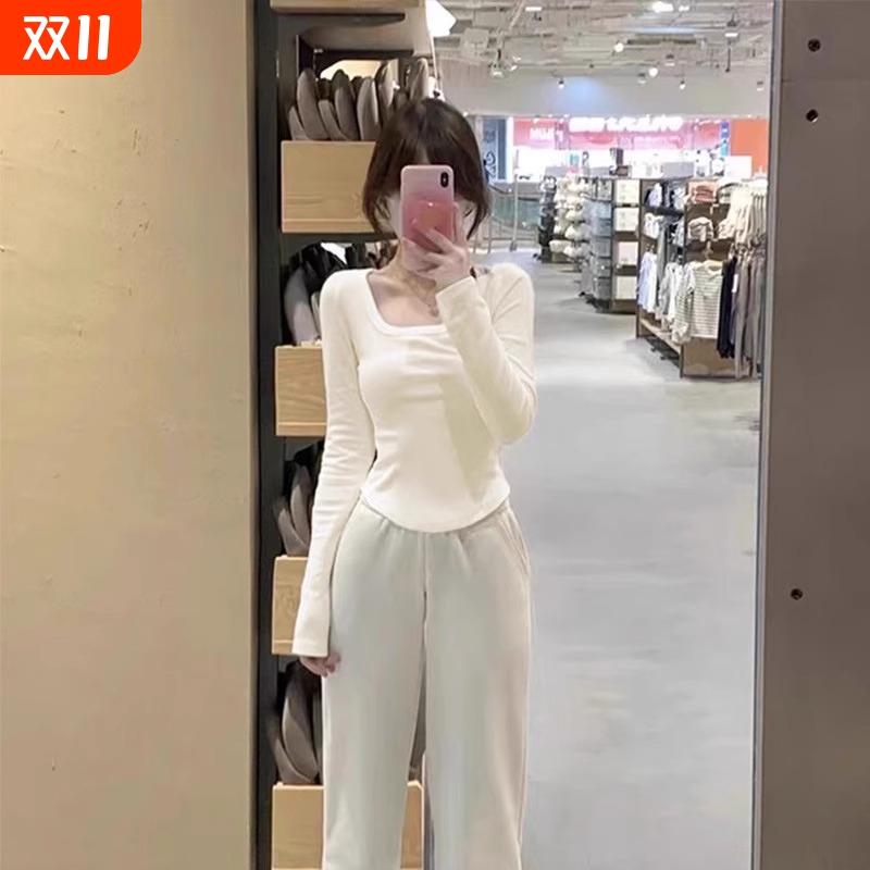 方领打底衫女秋冬季内搭设计感弧形下摆修身早春长袖t恤女上衣服