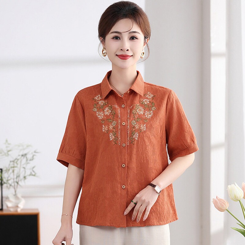 妈妈夏季棉麻短袖衬衫中老年人夏装时尚女装上衣老人刺绣衣服开衫