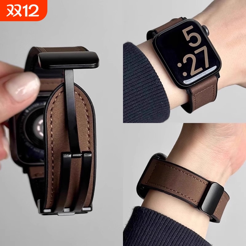 2025新款疯马皮硅胶磁吸iwatch表带适用苹果手表applewatch运动9透气8真皮皮质ultra秋冬男款小众s10女款s11