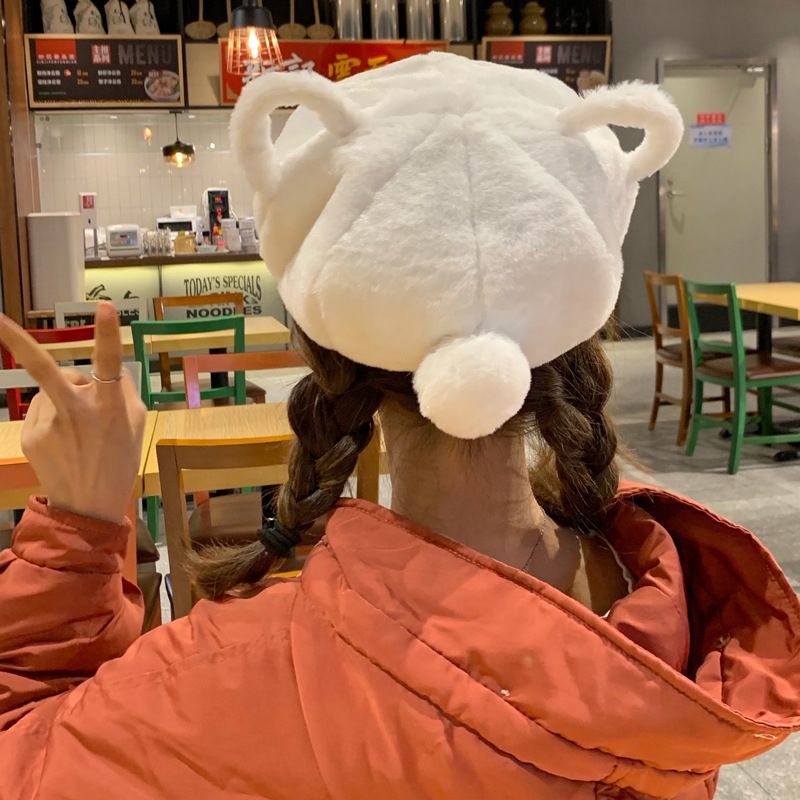 【工厂价】甜美可爱的带兔耳朵白色毛绒贝雷帽卡通潮秋冬季帽子女