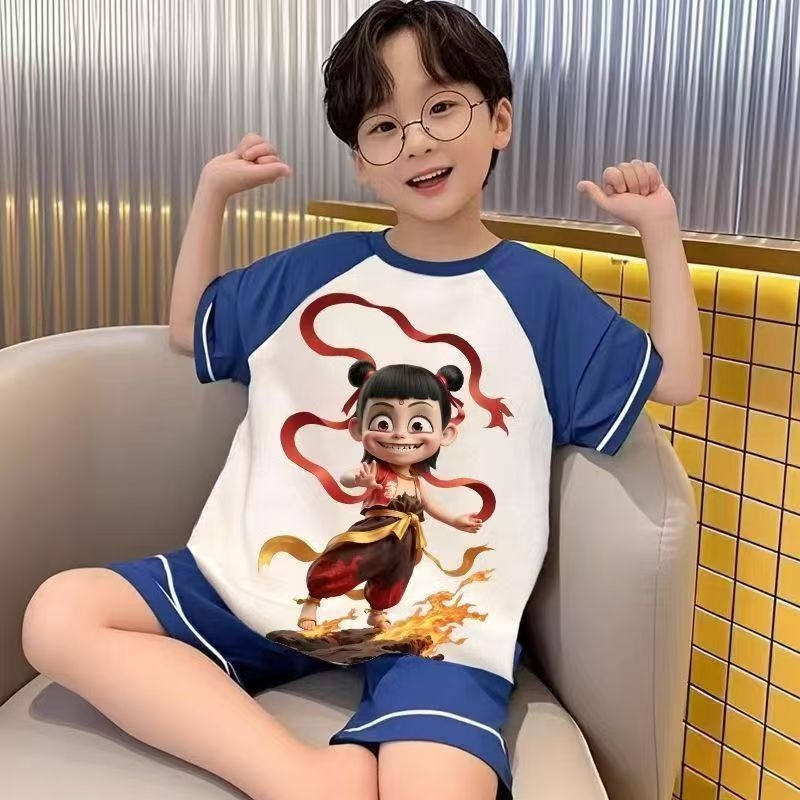 2025夏季男孩纯棉儿童新款敖丙短袖中大童睡衣家居服男童套装短裤