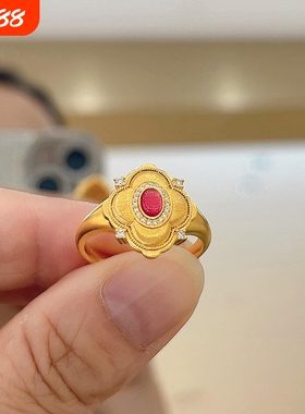 新中式复古鎏金花丝海棠花戒指