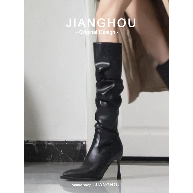 匠逅、真皮高跟鞋秋冬女细跟堆堆靴子2025新款小腿显瘦尖头长筒靴