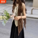 长条围巾系脖子飘带领巾配饰颈饰 复古棕色波点丝巾女薄款 新款 法式