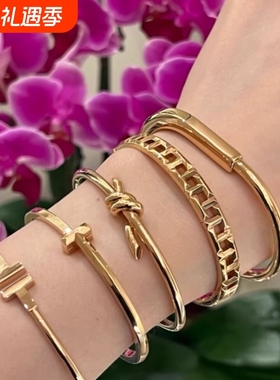 高级玫瑰金色kont窄版绳结手镯新品韩风单圈扭结扭绳手环轻奢饰品