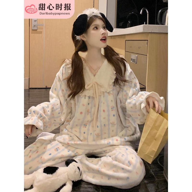 红豆睡衣珊瑚绒女春秋冬季加厚加绒甜美可爱法兰绒家居服公主风套