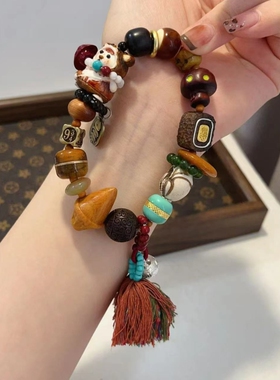 鹿角根付熊熊多宝手链 搭配驼骨 竹节 沉香回纹珠 纯铜 时尚手串