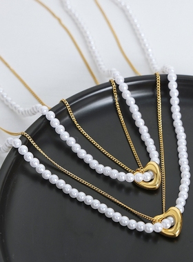 法式轻奢复古双层镂空吊坠串珠项链钛钢18k金西太后百搭气质饰品