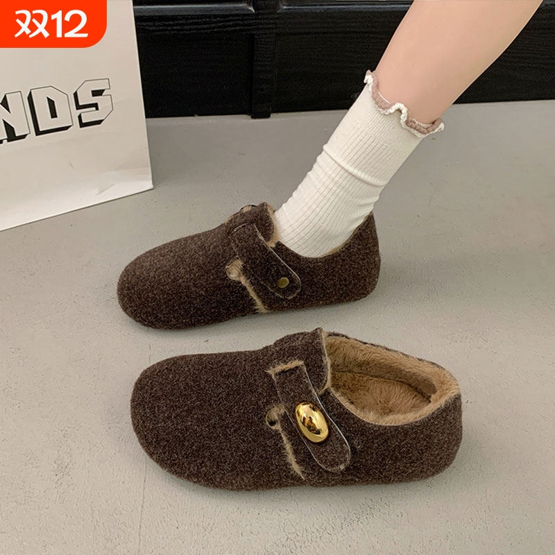 4CM内增高复古灰色毛呢勃肯鞋女秋冬加绒一脚蹬保暖棉鞋平底圆头