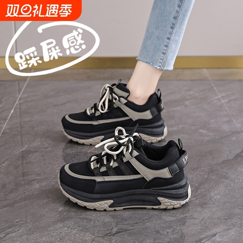 啄木鸟女鞋踩屎感老爹鞋秋冬款小码34久站不累脚真皮黑色上班工作