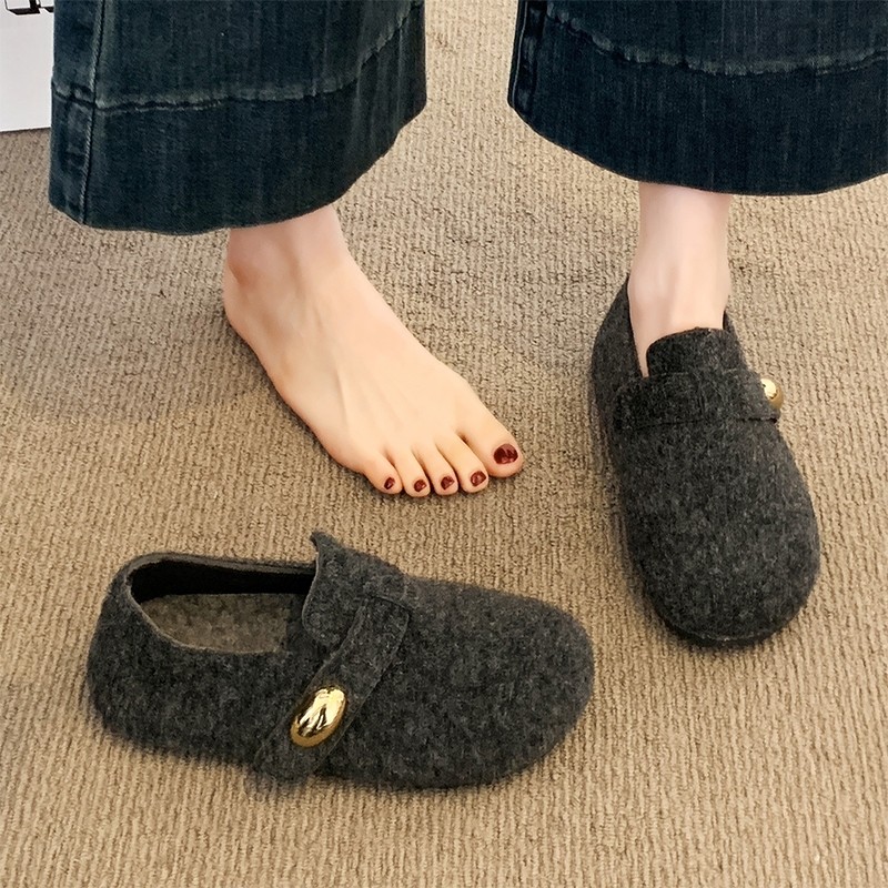 厚底灰色勃肯鞋女加绒毛毛豆豆鞋2025新款冬季鞋子一脚蹬乐福棉鞋