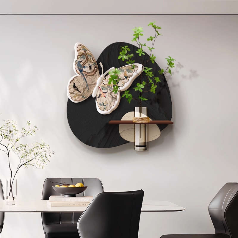 水培绿植蝴蝶立体感餐厅装饰画高级感抽象黑白背景墙挂画玄关氛围图片