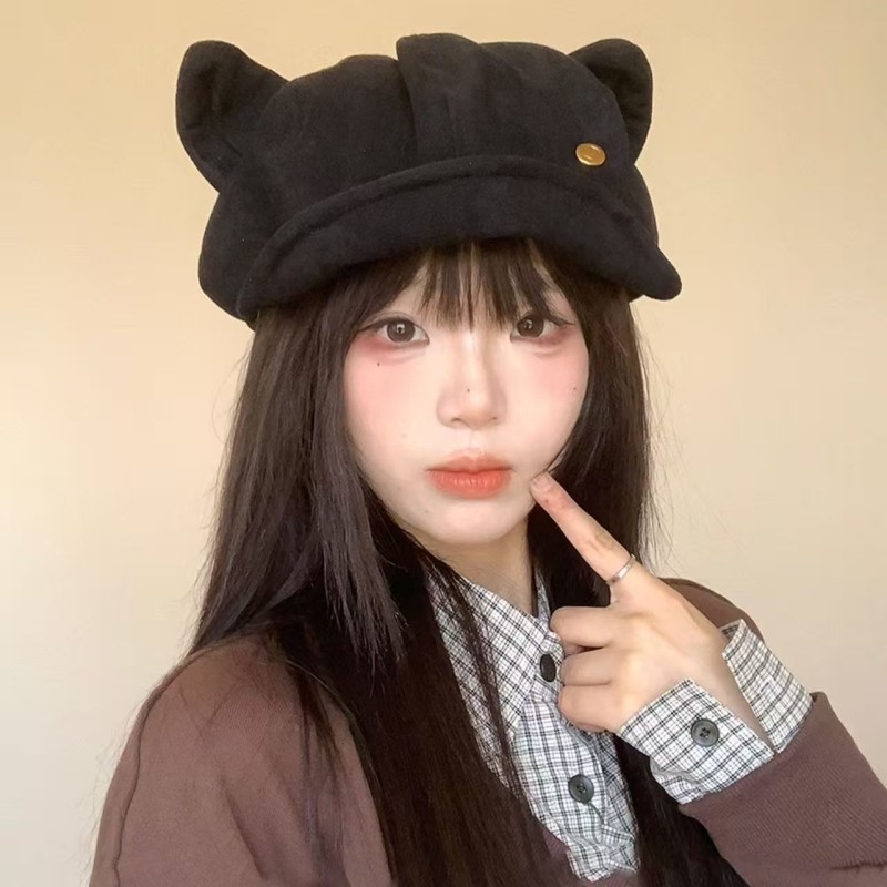 麂皮绒猫耳贝雷帽子女秋冬季新款纯色复古百搭八角帽显脸小画家帽
