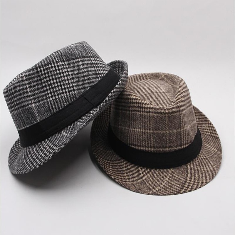 帽子男秋冬季英伦复古格纹爵士帽中老年时尚千鸟格礼帽户外遮阳帽