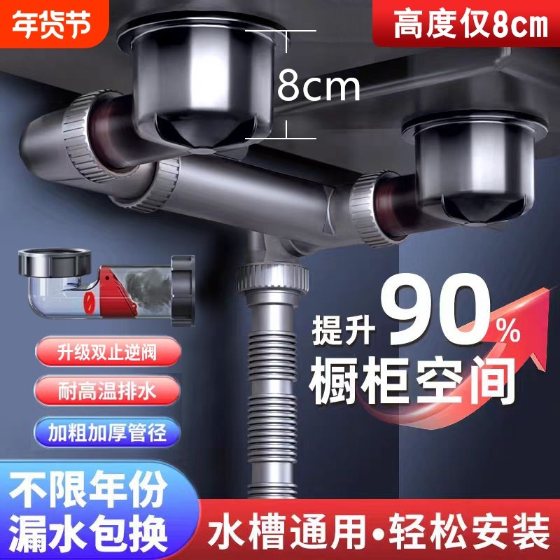 厨房洗菜盆下水管道排水管单双水槽二合一三通全套配件双槽下水道,家装主材,水槽下水器,淘宝优惠券,粉丝福利购,淘宝优惠卷