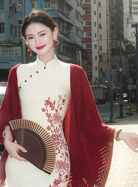 复古红色旗袍披肩女春夏季薄款外搭结婚订婚针织流苏披风斗篷开衫