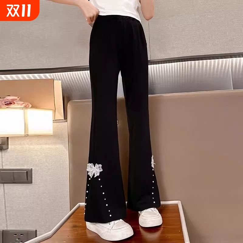 女童裤子2025春秋新款儿童喇叭裤春装加绒微喇裤女黑色咖色蝴蝶结