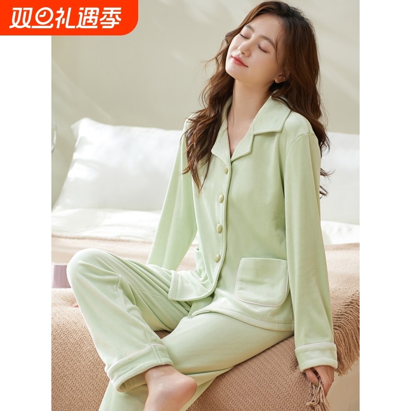 红豆新款薄绒海岛绒秋冬季长袖加厚保暖女士睡衣家居服冬季珊瑚绒
