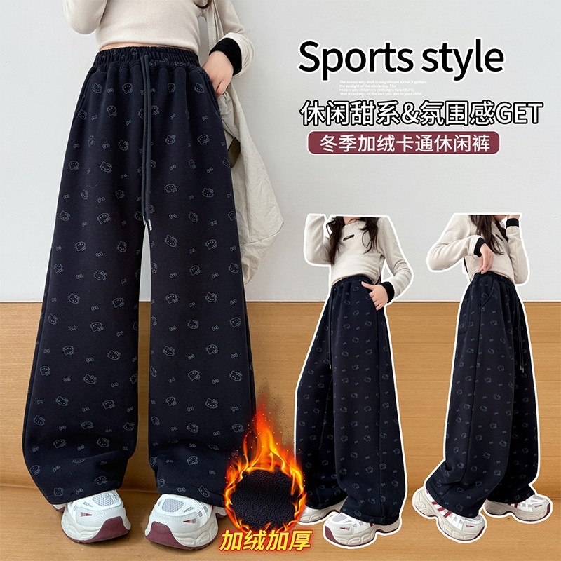 女童加绒加厚卡通印花阔腿裤2025秋冬款宽松运动卫裤藏青长裤韩版
