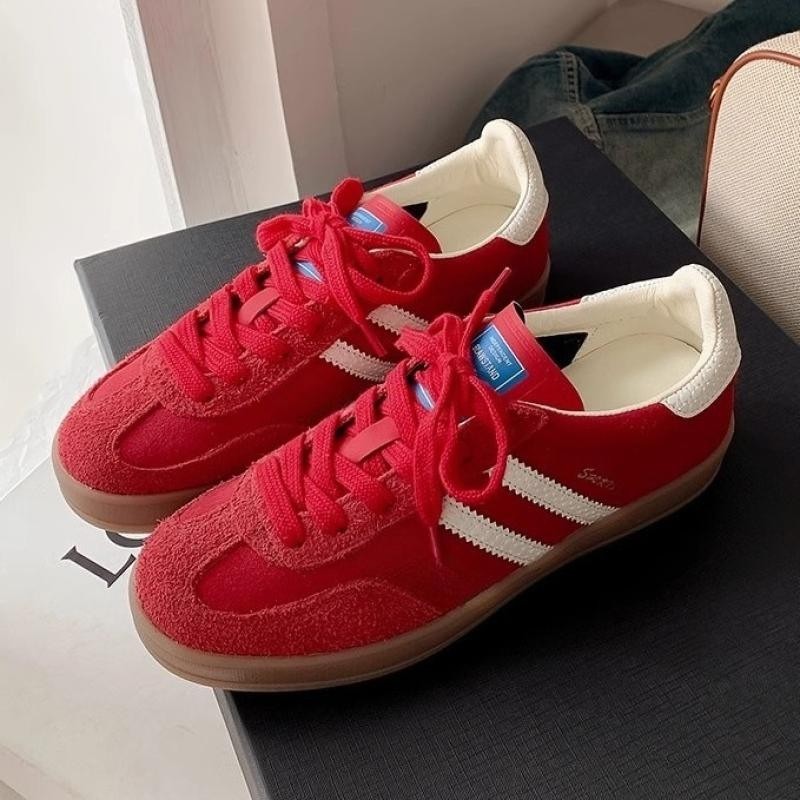 品牌断码敲软牛皮！真皮复古红色德训鞋女韩版系带平底休闲板鞋运