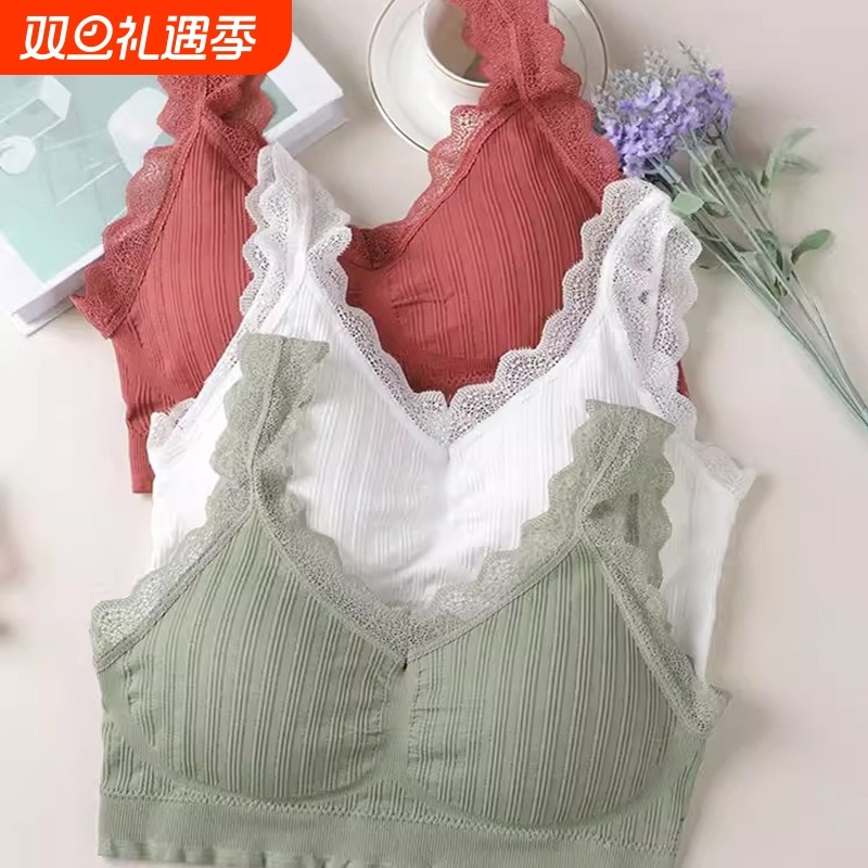 无钢圈内衣蕾丝裹胸性感美背运动文胸罩聚拢美背大胸显小背心式女