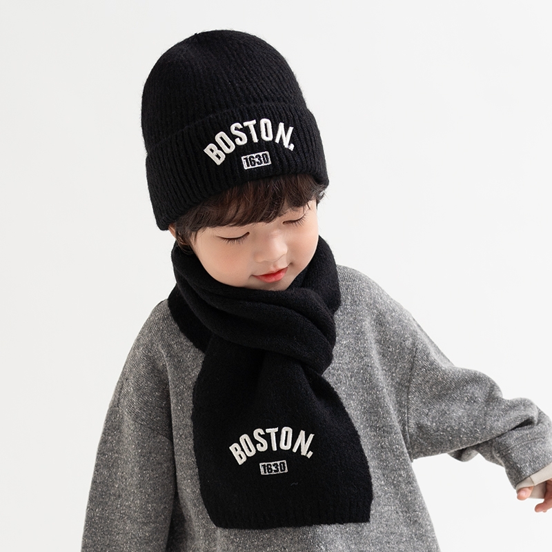 秋冬季儿童帽子围巾套装男童针织帽毛线帽女童保暖护耳宝宝套头帽